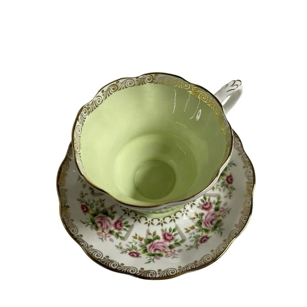 Royal Albert Green Park Series Teacup Saucer Set England Mint Pink Rose 14k Gold